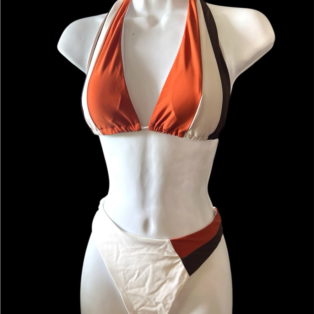 SHEIN Orange and White Bikini Set Sporty High-Cut Design